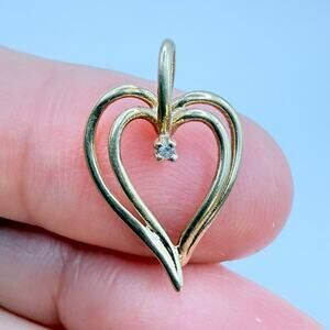 14K Yellow Gold Heart Pendant With Diamond Small Dainty Open Work